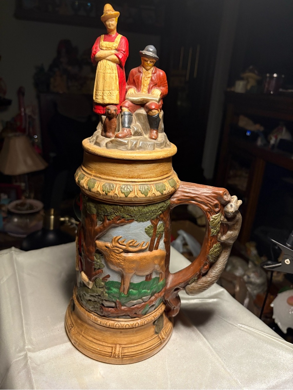 Hand-Painted Brown Ceramic Deer Relief Stein with Figurine Lid